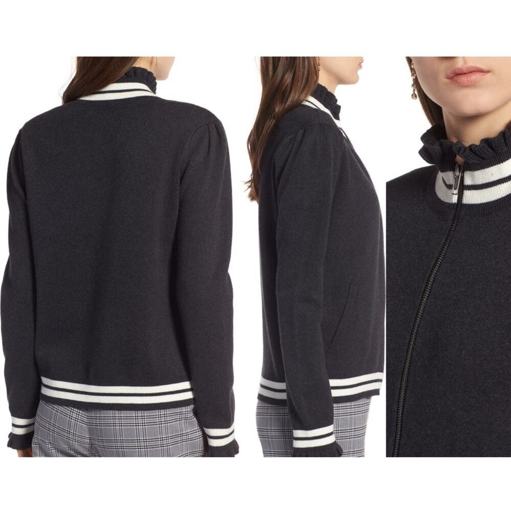 Treasure & Bond zip front sweater w/ ruffle trim, size S, charcoal w/ cream trim